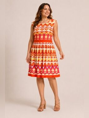 Sandra Darren Chevron Fit Flare Midi Dress Bright Geometric Print Sleeveless